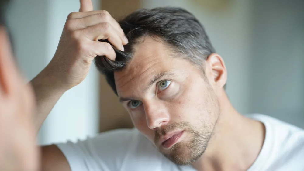 Man Looking At Hair In Mirror